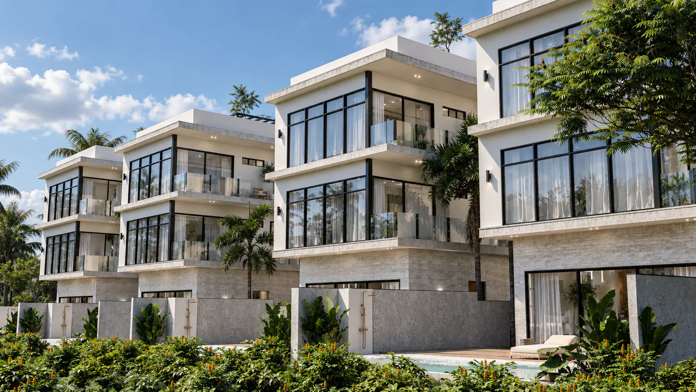 Row of Prime Villas with glass facades and rooftop terraces